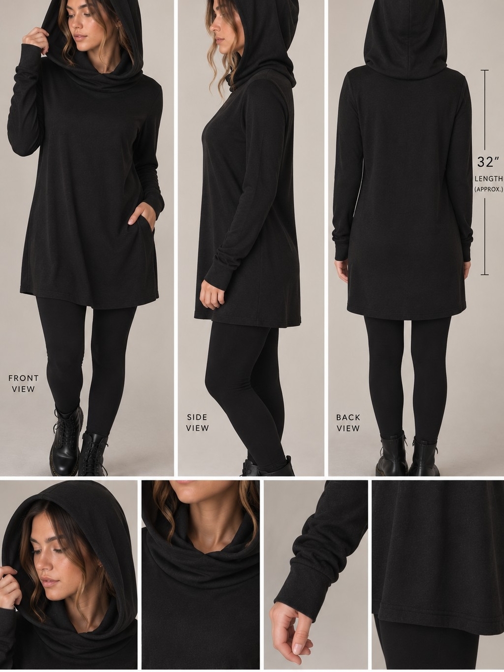 Black Hooded Tight Hooded Size XL Tunic